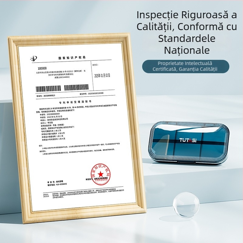 Cutie portabilă pentru pastile, cu compartimente separate, capacitate de șapte zile, rezistentă la umezeală, depozitare compactă pentru medicamente.