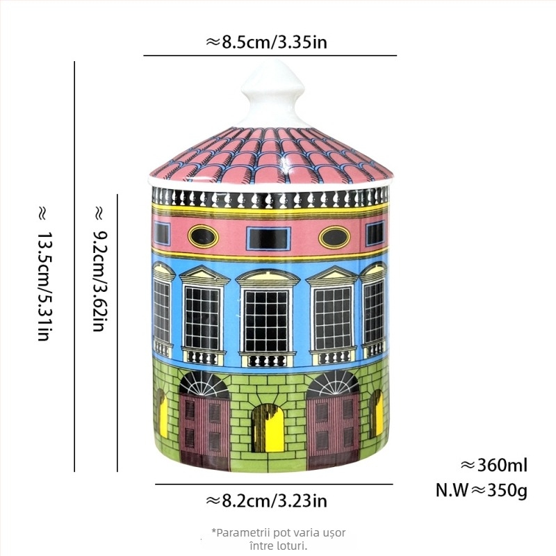 Recipient ceramic pentru depozitare cu capac, design colorat inspirat de arhitectură, 301–500 ml, indicat pentru microunde, decor pentru casă