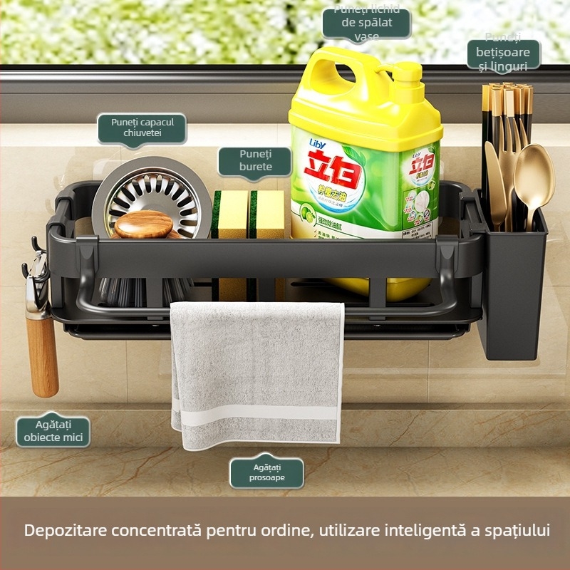 Raft de bucătărie montat pe perete pentru bureți și cârpe — fără găuri, organizator pentru chiuvetă din oțel carbon, stil modern minimalist