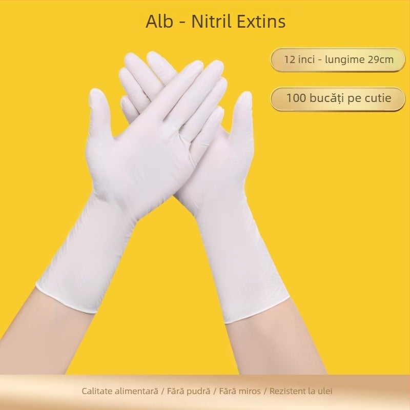 Mănuși nitril de unică folosință, 12 inch, albe, prelungite și îngroșate, fără pudră, rezistente la ulei, rezistente la apă, rezistente la acide și baze, cu elasticitate înaltă