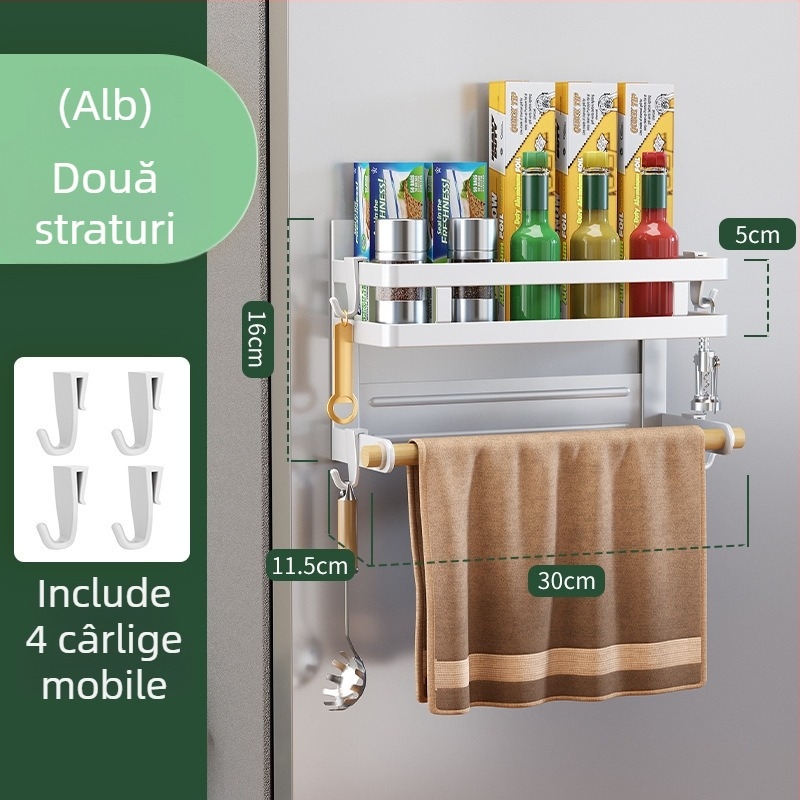 Raft magnetic de bucătărie din oțel inoxidabil pentru ușa laterală a frigiderului, raft multifuncțional pentru depozitare și condimente, fără găuri