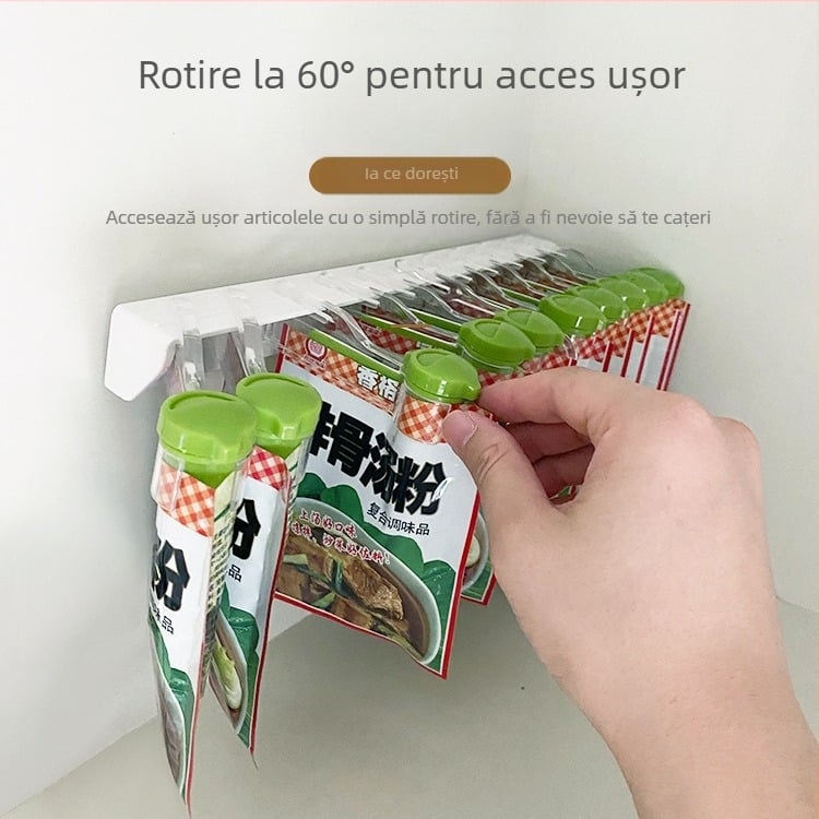 Raft de bucătărie montat pe perete, fără găuri, pentru pungile de condimente
