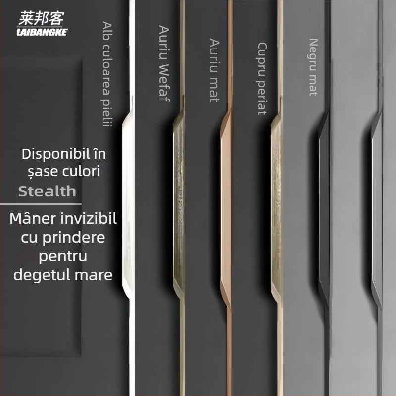 Mâner invizibil pentru dulap cu etanșare pe margine, prelungit, negru, fără găuri, încastrat