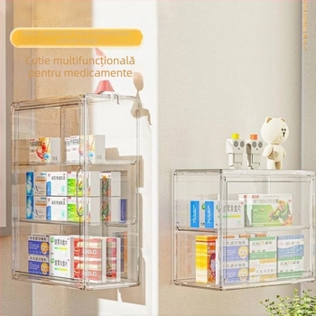 Cutie de stocare medicamente din acril, montată pe perete, transparentă, fără găuri, cu compartimente