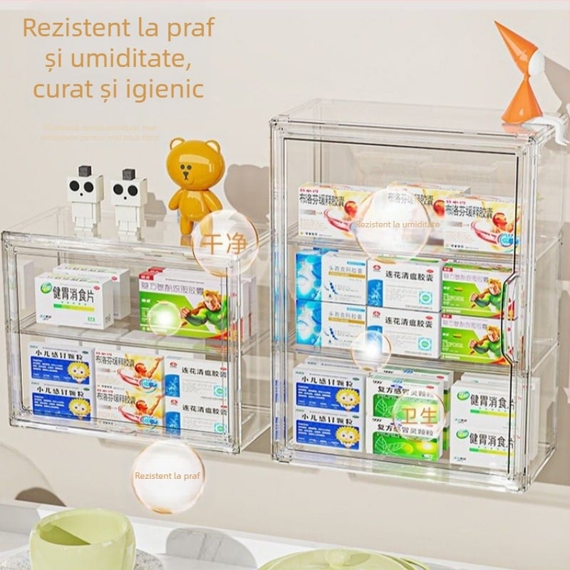 Cutie de stocare medicamente din acril, montată pe perete, transparentă, fără găuri, cu compartimente
