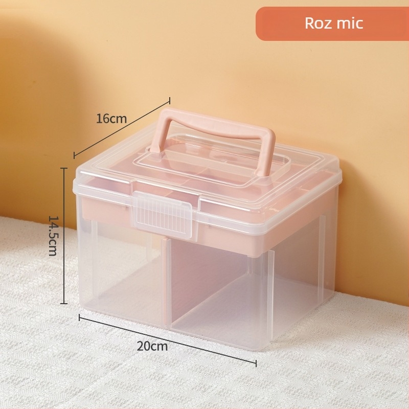 Cutie transparentă de depozitare pentru birou, cu compartimente, capac și mâner, pentru cosmetice, papetărie și obiecte mici