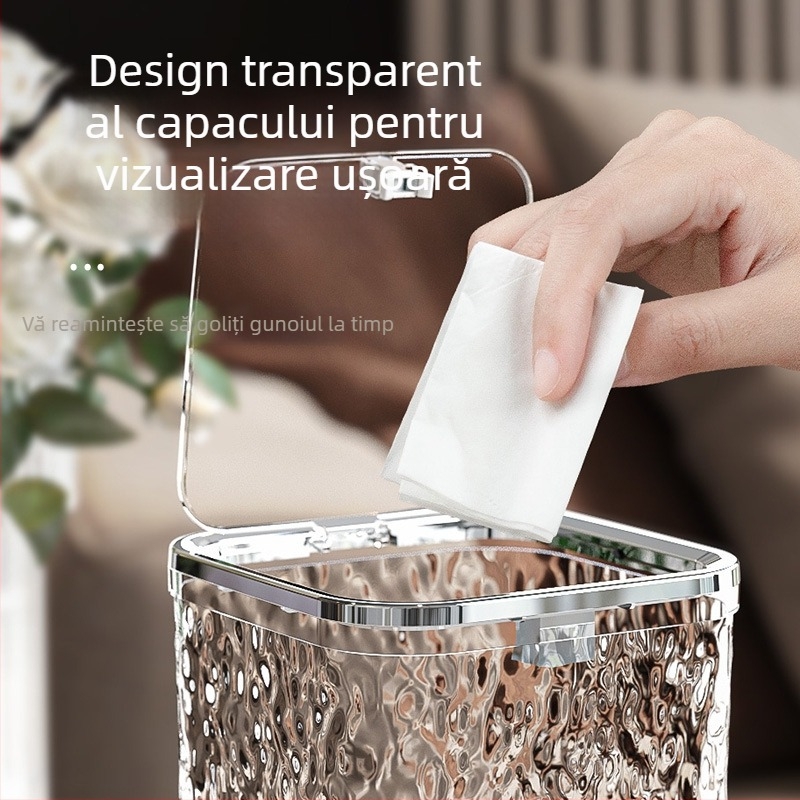 Coș de gunoi de birou cu capac, textură în valuri de apă, pătrat, din plastic, sub 4 litri, pentru living, birou și dormitor