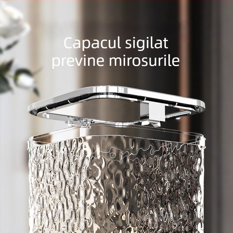 Coș de gunoi de birou cu capac, textură în valuri de apă, pătrat, din plastic, sub 4 litri, pentru living, birou și dormitor