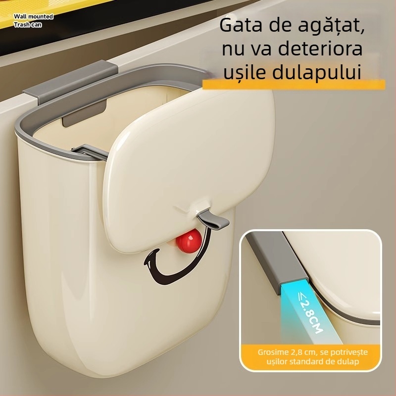 Coș de gunoi montat pe perete pentru bucătărie, capacitate de 12 litri, cu capac, fără găuri de montaj