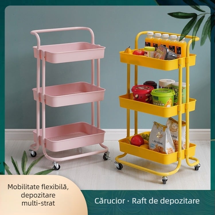 Raft de depozitare mobil cu trei etaje, cu roți — organizator multicolor pentru baie, bucătărie și living