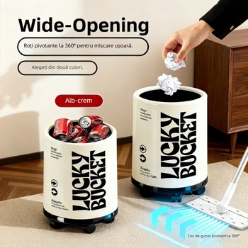 Coș de gunoi pentru living cu capac, coș cilindric din plastic cu roți, capacitate 12 L+
