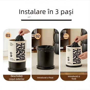 Coș de gunoi pentru living cu capac, coș cilindric din plastic cu roți, capacitate 12 L+
