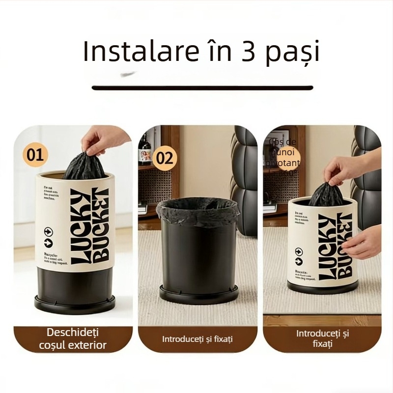 Coș de gunoi pentru living cu capac, coș cilindric din plastic cu roți, capacitate 12 L+