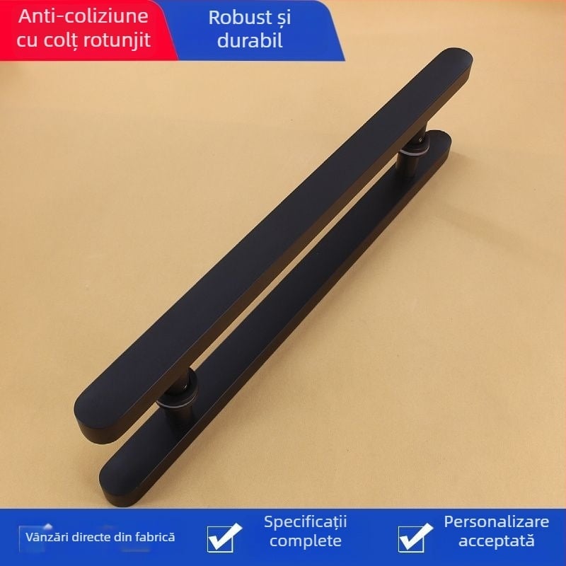 Maner de ușă din oțel inoxidabil pentru uși din sticlă și lemn, design anti-coliziune, țeavă pătrată cu cap rotund, negru, rezistent la amprente, pentru uși glisante, stil modern minimalist