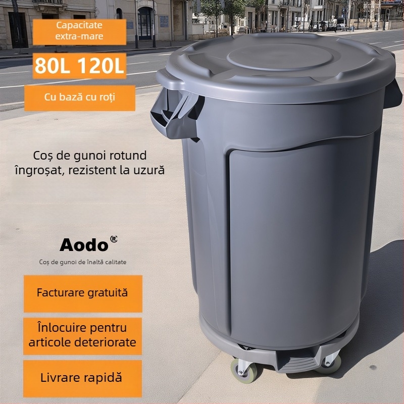 Aodo coș mare rotund cu capac și roți, recipient din plastic pentru depozitarea apei, cu capacitate mare, pentru dining, bucătărie, exterior și utilizare comercială