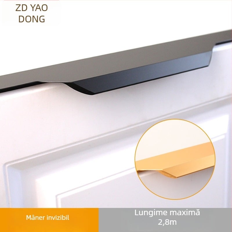 Maner pentru dulapuri negru, design minimalist, pentru uși și sertare, cu priză extinsă pentru degetul mare, din aliaj de aluminiu, canale ascunse