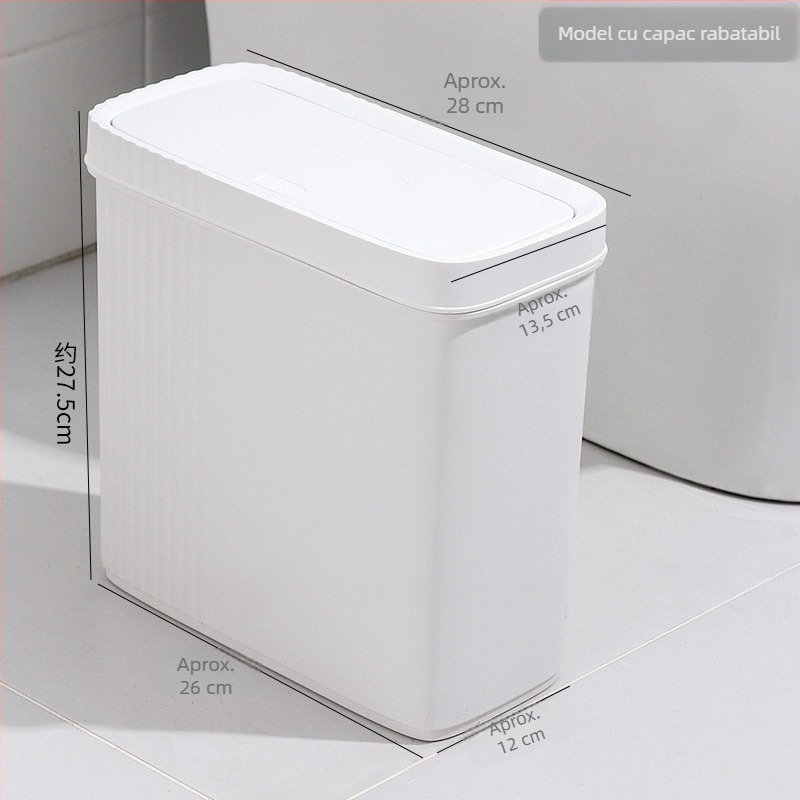 Coș de gunoi pentru baie din plastic, profil subțire pentru spații înguste, formă cilindrică, 10 L, rezistent la mirosuri, deschidere prin apăsare