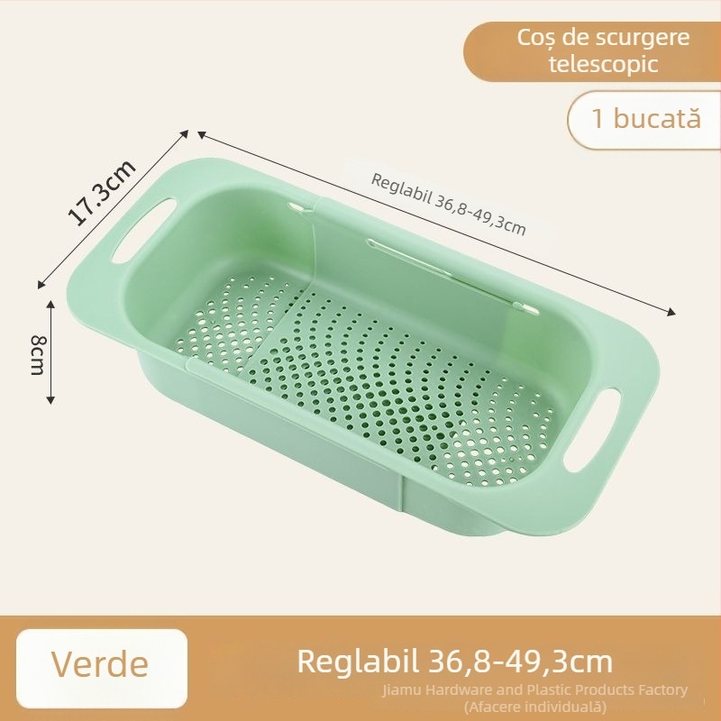 Coș extensibil de drenaj pentru chiuvetă — suport multifuncțional pentru spălat fructe și legume și scurgerea vaselor
