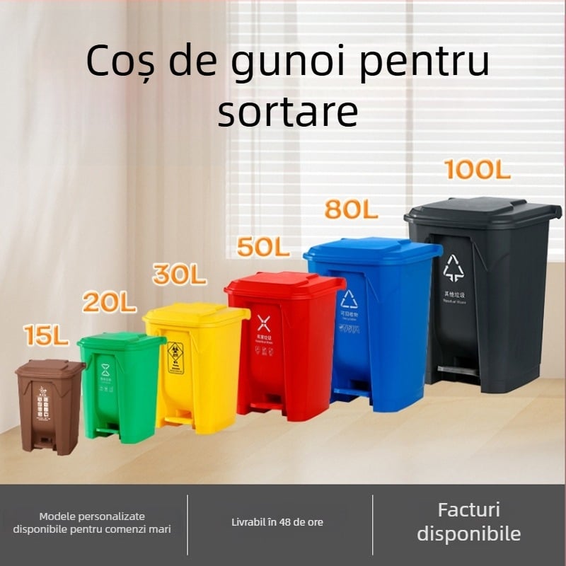 Coș de gunoi exterior multicolor, cu pedala, capac, capacitate mare pentru uz casnic și comunitar, potrivit spațiilor comerciale