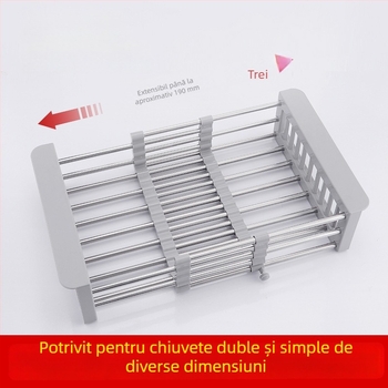 Raft telescopic din oțel inoxidabil pentru bucătărie, organizator de chiuvetă multifuncțional, coș de scurgere pentru legume și fructe