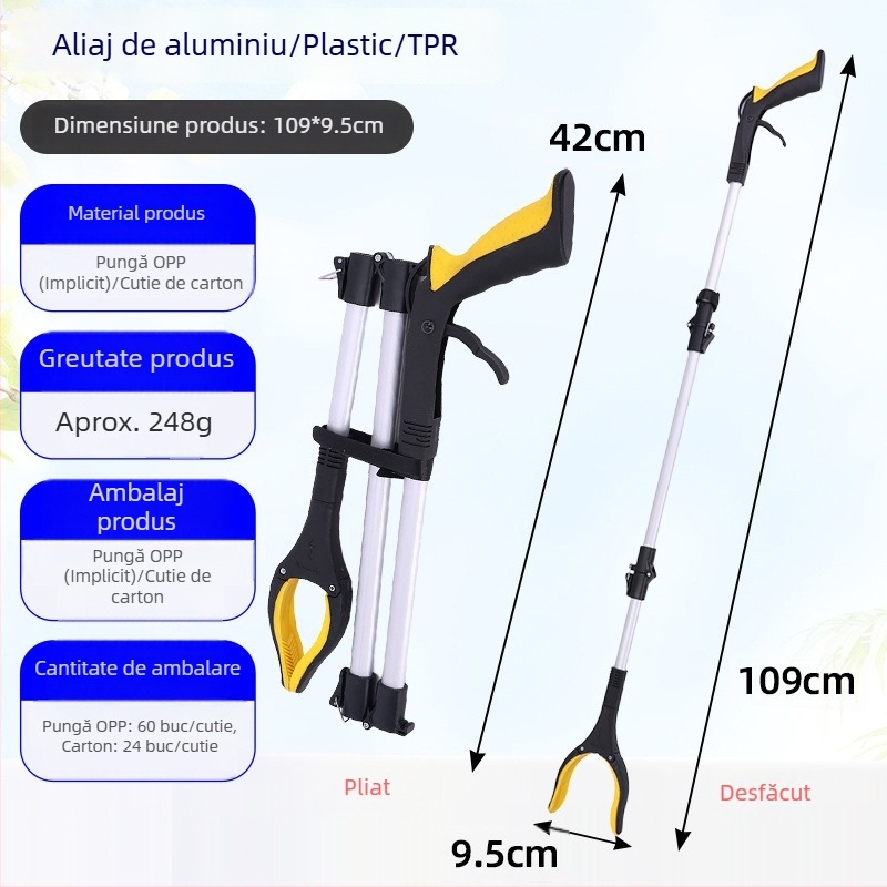 204 Clește de gunoi cu trei secțiuni și tijă extensibilă, pentru lucrători de salubritate, ergonomic