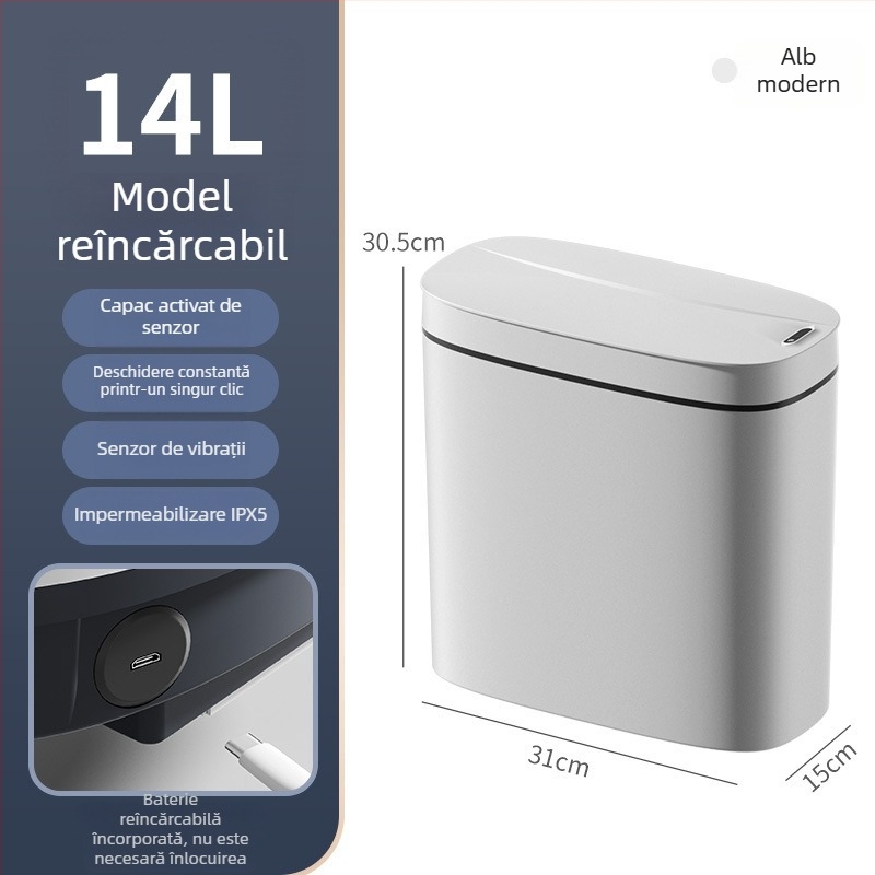 Coș de gunoi inteligent cu senzor pentru living, impermeabil, cu capac, capacitate de 14 litri