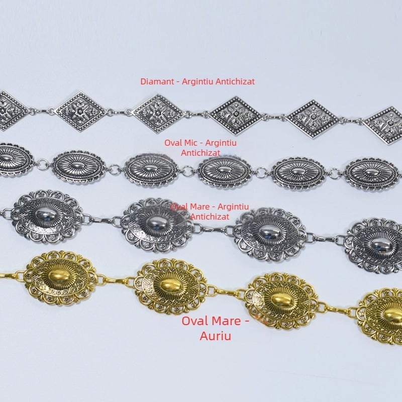 Lanț de talie metalic pentru femei, finisaj argintiu antic, model oval în relief, stil etnic