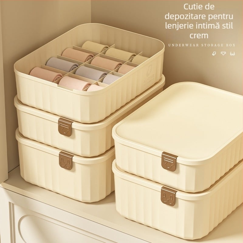 Cutie de depozitare pentru lenjerie cu capac, culoare cremă, cu compartimente, protecție împotriva prafului, pentru lenjerie și șosete, pentru dormitor și casă