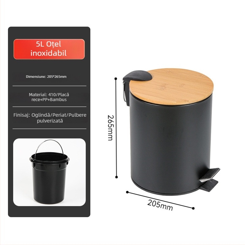 Coș de gunoi pedalat cu capac din lemn, oțel inoxidabil, cilindric, pentru casă, bucătărie și baie, 12 L
