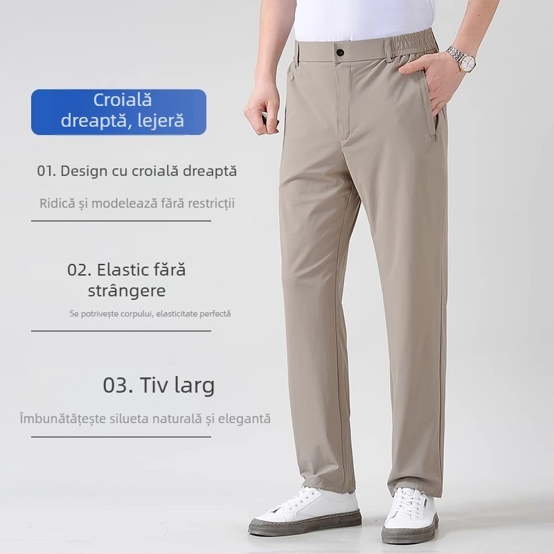 Pantaloni bărbați din ice silk pentru vară, ultra-subțiri, croială dreaptă lejeră, pantaloni business-casual, răcoroși și cu cădere fluidă
