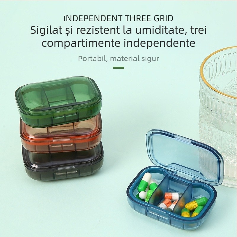 Cutie portabilă de medicamente cu trei compartimente și capac, organizator pentru dimineață, prânz și seară