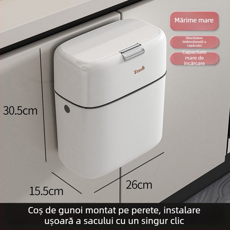 Coș de gunoi suspendat pe perete, cu capac, 9L, pentru bucătărie și baie, design subțire