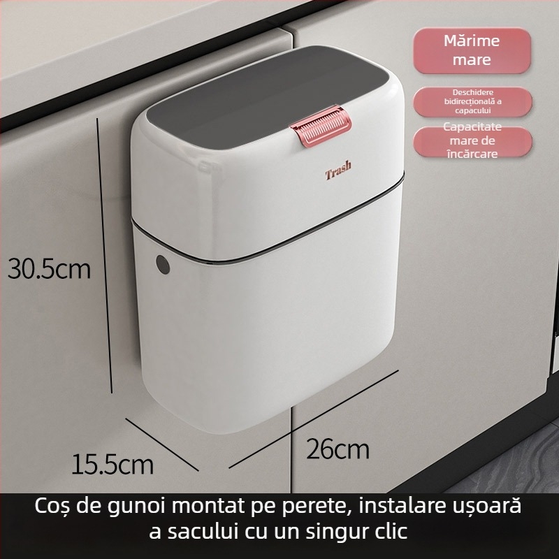 Coș de gunoi suspendat pe perete, cu capac, 9L, pentru bucătărie și baie, design subțire