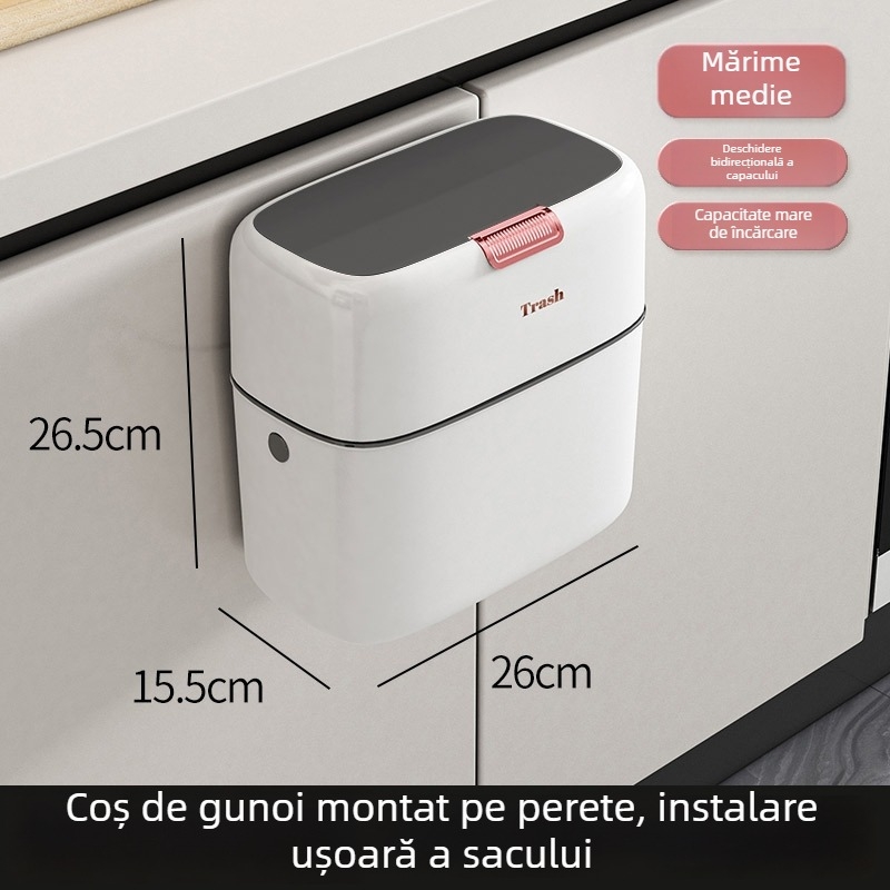 Coș de gunoi suspendat pe perete, cu capac, 9L, pentru bucătărie și baie, design subțire