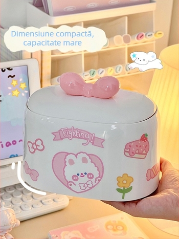 Coș mic de gunoi pentru birou, din plastic, pătrat, cu motiv fete desenate.