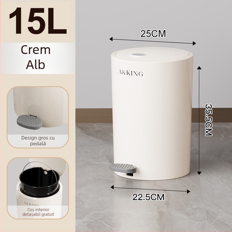 Coș crem cu pedală și capac, 10 L, pentru living, bucătărie și baie