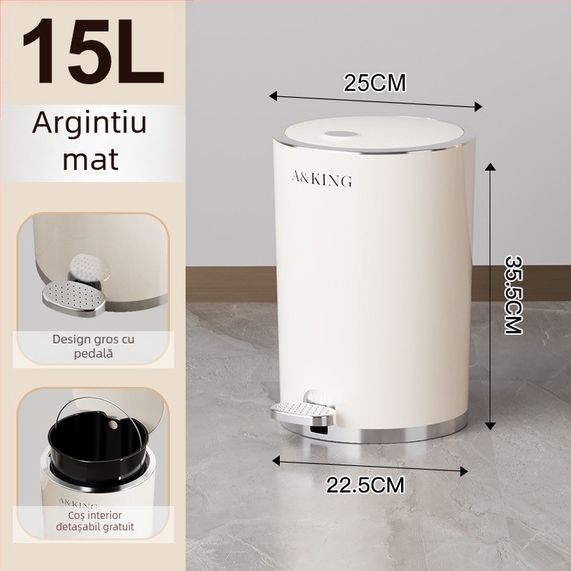 Coș crem cu pedală și capac, 10 L, pentru living, bucătărie și baie