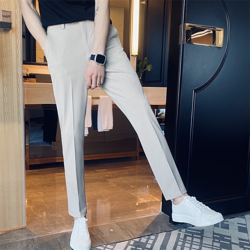 Pantaloni negri de costum pentru bărbați, primăvară–toamnă, stil coreean, croială dreaptă, slim, rezistenți la cute, ușor elastici, pantaloni business casual