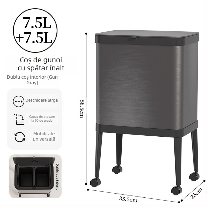 Shuangyi coș de gunoi din oțel inoxidabil, înalt pentru bucătărie, cu roți, capacitate mare, pentru uz casnic