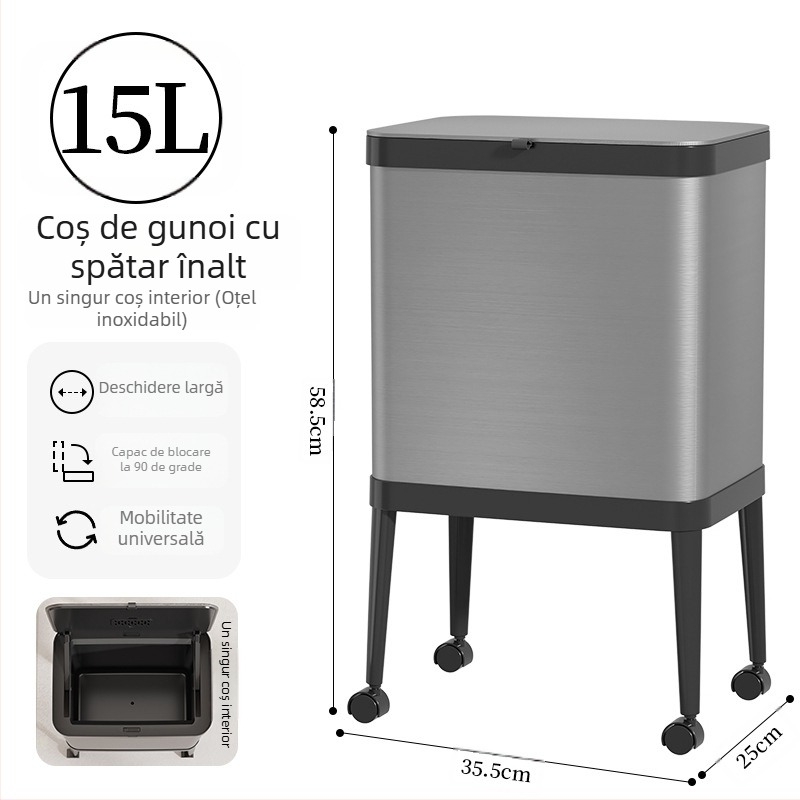 Shuangyi coș de gunoi din oțel inoxidabil, înalt pentru bucătărie, cu roți, capacitate mare, pentru uz casnic