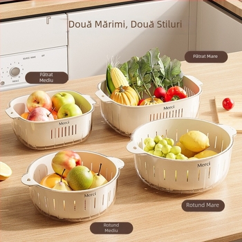 Coș dublu din plastic pentru chiuvetă, pentru spălat legume și fructe, suport pentru boluri, culoare crem