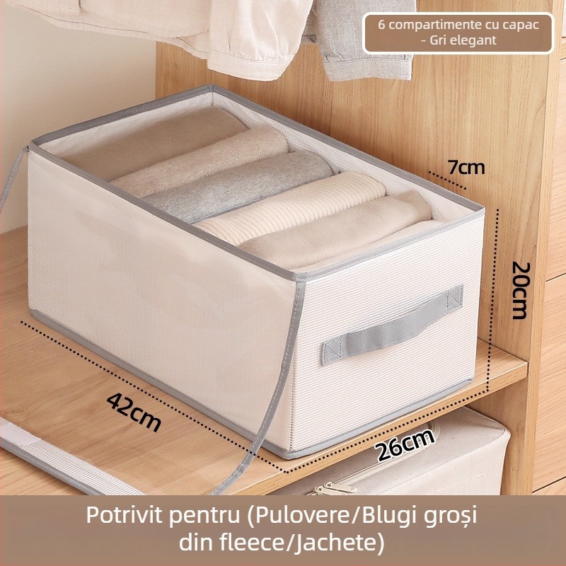 Cutie de depozitare pentru haine cu capac, placă PP, compartimente pliabile pentru haine și jeanși, dimensiuni 42×26×20 cm