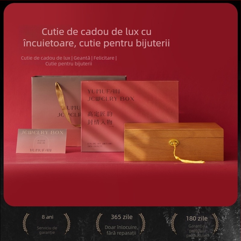 Cutie de bijuterii din lemn masiv cu lacăt, cutie de depozitare cu mai multe compartimente pentru coliere, inele și cercei