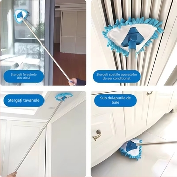 Mop triunghiular universal pentru pereți, plafoane, bucătării și ferestre – mop chenille, mâner din oțel inoxidabil, telescopic 80–100 cm
