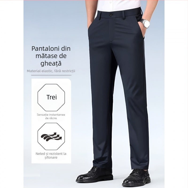 Pantaloni casual de vară pentru bărbați, din material ice silk, croială Slim, micro-elastici, fără cute, croială dreaptă