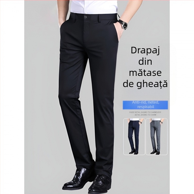 Pantaloni casual de vară pentru bărbați, din material ice silk, croială Slim, micro-elastici, fără cute, croială dreaptă