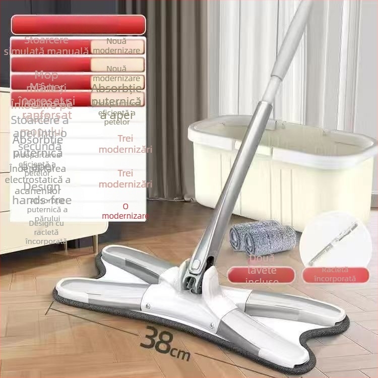 Mop plat mare pentru uz casnic, lavetă de mop absorbantă, curățare într-un singur pas, fără atingere cu mâinile, utilizare dublă pentru uscat și ud, mop comod pentru cămin