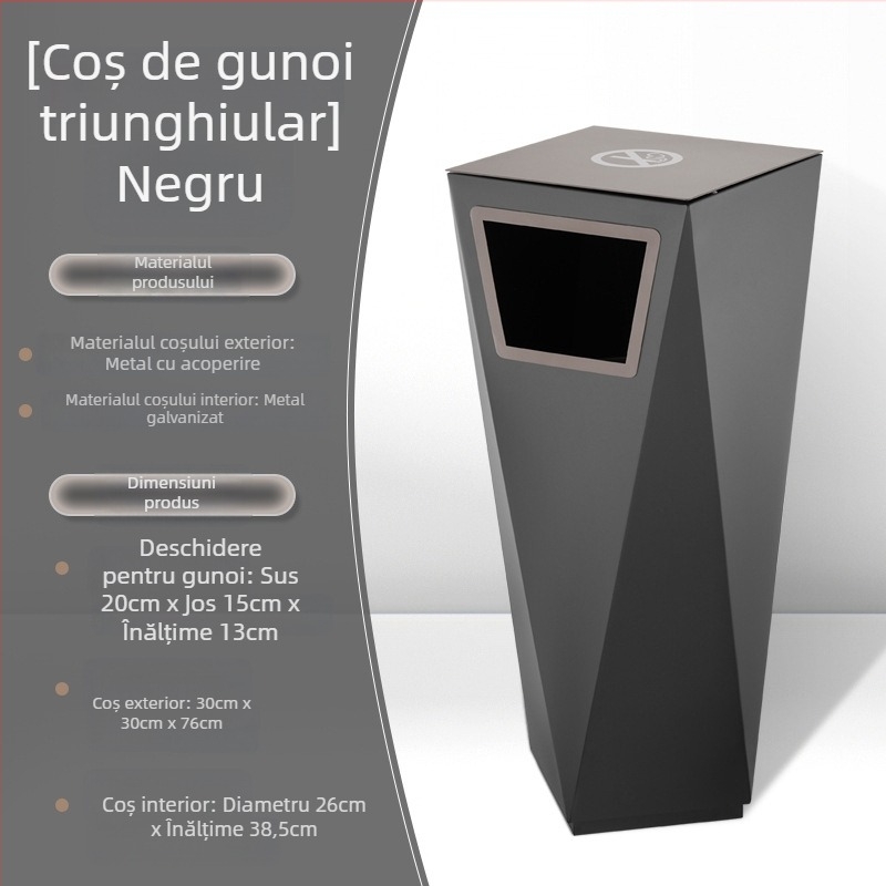 Coș de gunoi pentru hotel, hol, cu bază pe podea, triunghiular, utilizare comercială, cu scrumieră pentru coridoare