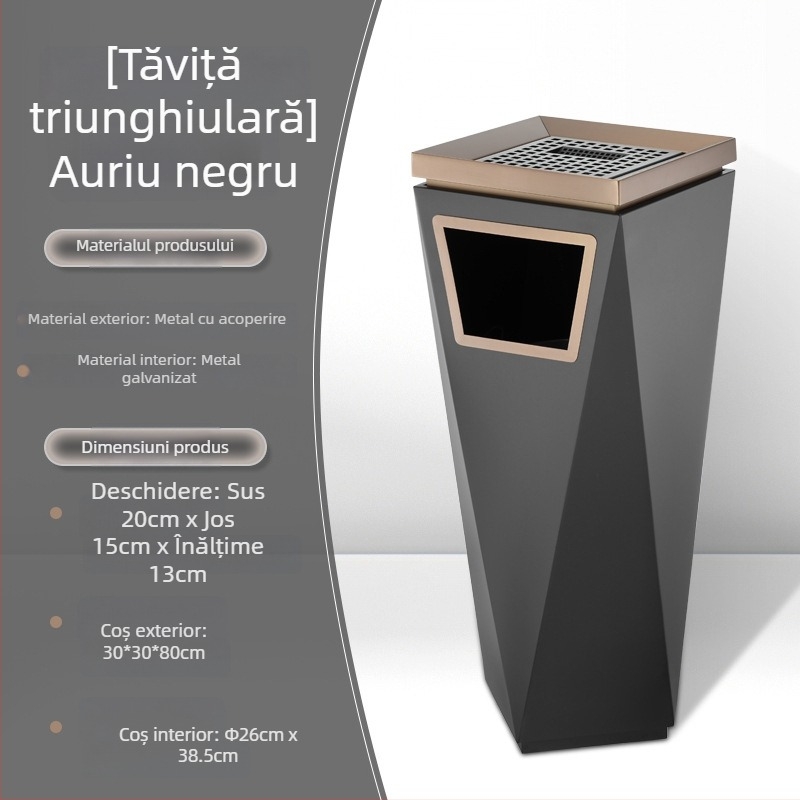 Coș de gunoi pentru hotel, hol, cu bază pe podea, triunghiular, utilizare comercială, cu scrumieră pentru coridoare