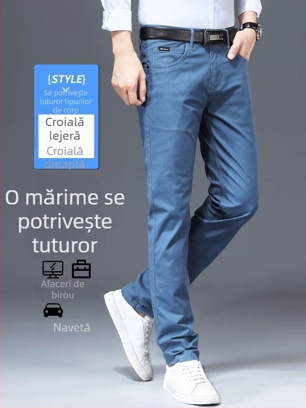 Pantaloni casual de bărbați, croială ușor luxoasă, slim fit, pantaloni lungi de vară din bumbac, stil business drept.